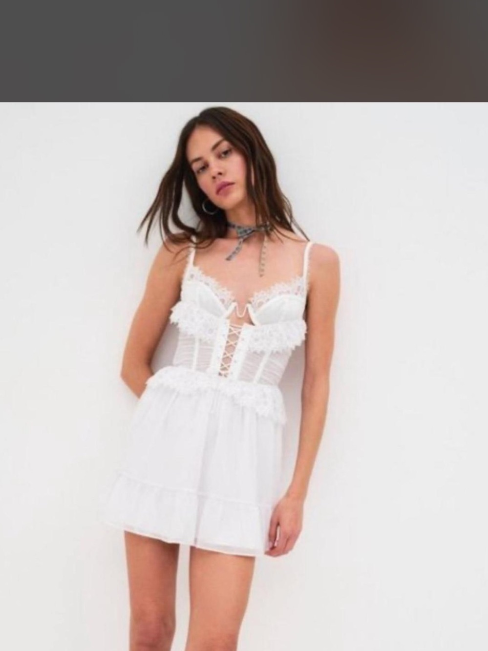 For Love & Lemons XS Farmhouse Floral Slip Dress White Lace Babydoll Mini Dress